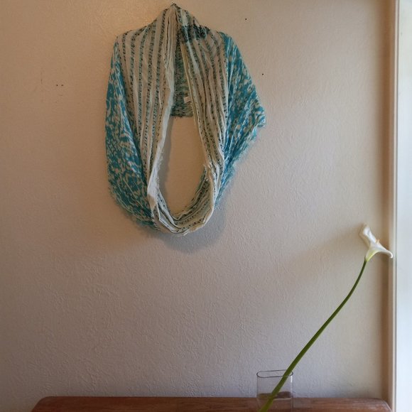 Turquoise Blue & White Ikat Mixed Print Infinity Scarf - Picture 5 of 16